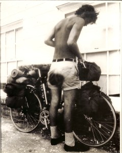A skinny Art in the middle of the Lewis and Clark Trail bicycle ride.  The dark patch on my rear end is the black dye from the bicycle saddle.  Photo by Dennis Coello.