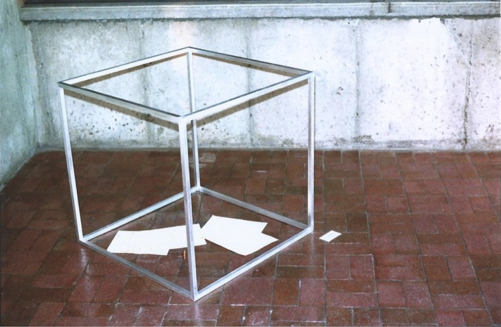 Gas Trap for Artist, a conceptual piece that I made for the student Art show. The calculations at the bottom determined the quantity of gas that I would produce if I were combusted. I then calculated the pressure needed to keep the gas contained in the volume of the aluminum cube. Not everyone liked it as much as I did...