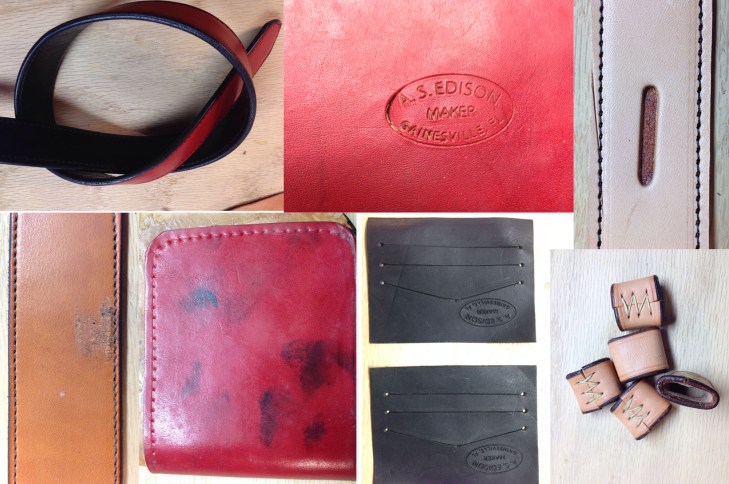 Mistakes (clockwise from upper left): black lining stains light clothing; punched through; cut belt with knife; got dye on belt; got dye on wallet; stamps upside down; keepers too small to work.